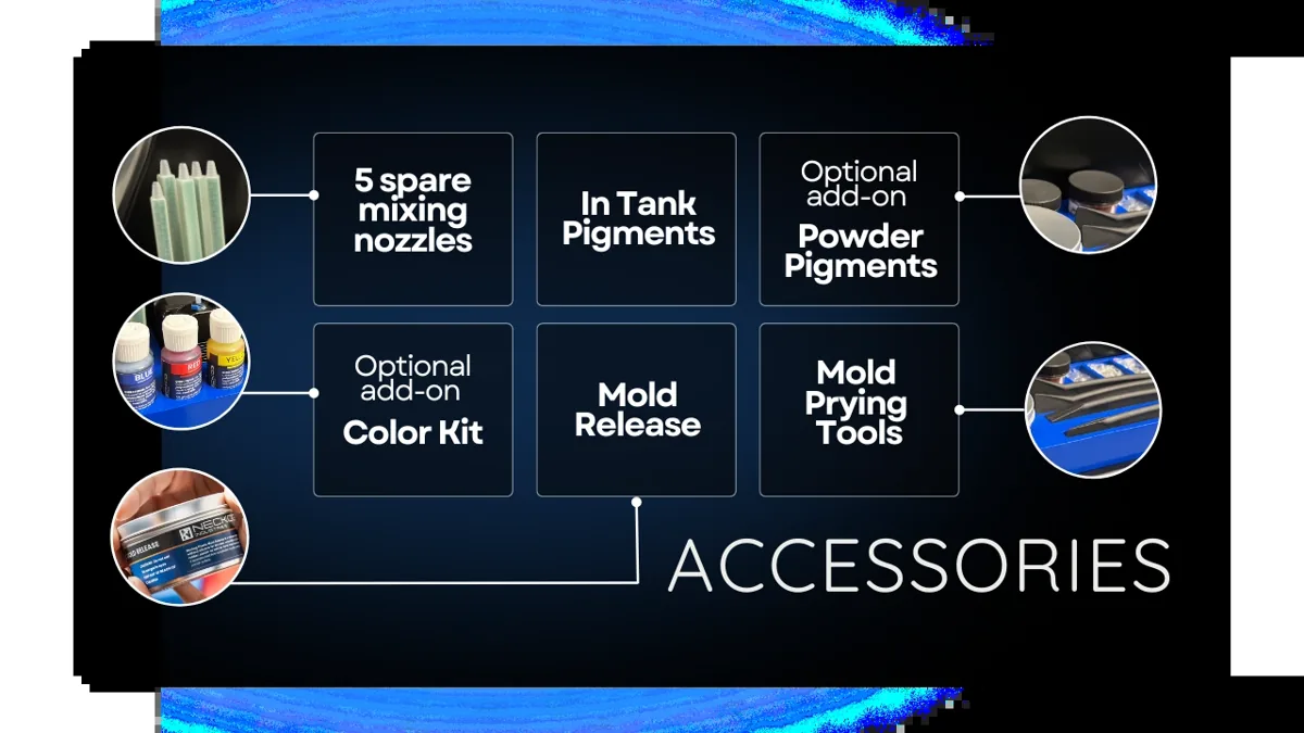 Flovv accessories: spare mixing nozzles, pigments, mold release and prying tools